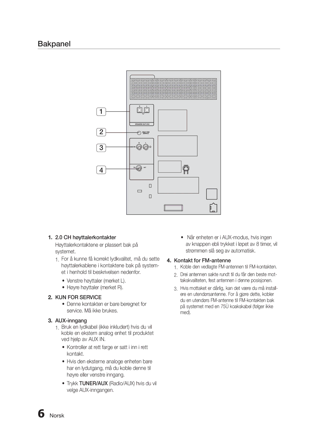 Samsung MX-H730/XE Bakpanel, Venstre høyttaler merket L Høyre høyttaler merket R, KUN for Service, Kontakt for FM-antenne 