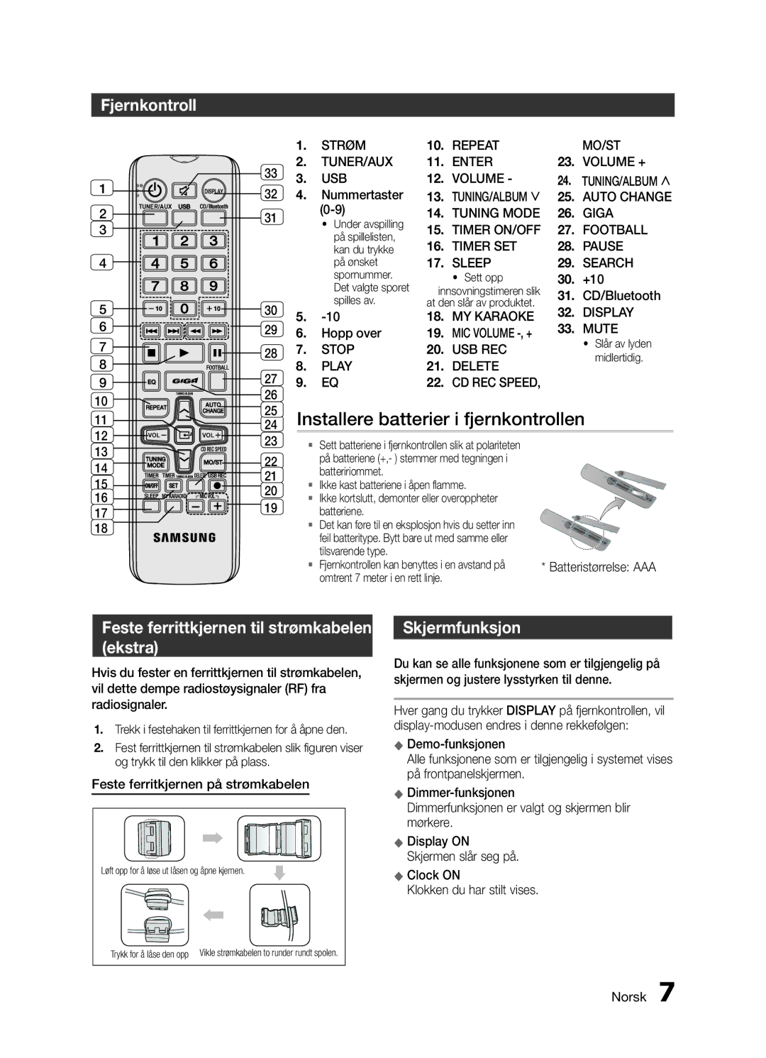 Samsung MX-H730/XE Installere batterier i fjernkontrollen, Fjernkontroll, Feste ferrittkjernen til strømkabelen Ekstra 