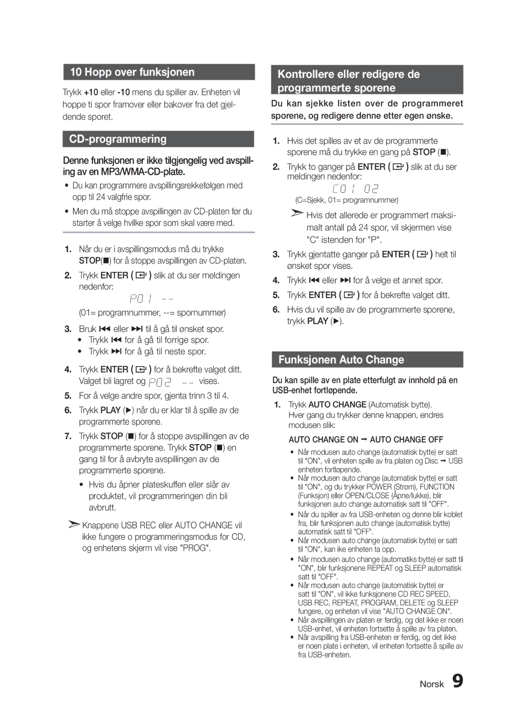 Samsung MX-H730/XE manual Hopp over funksjonen, CD-programmering, Kontrollere eller redigere de Programmerte sporene 