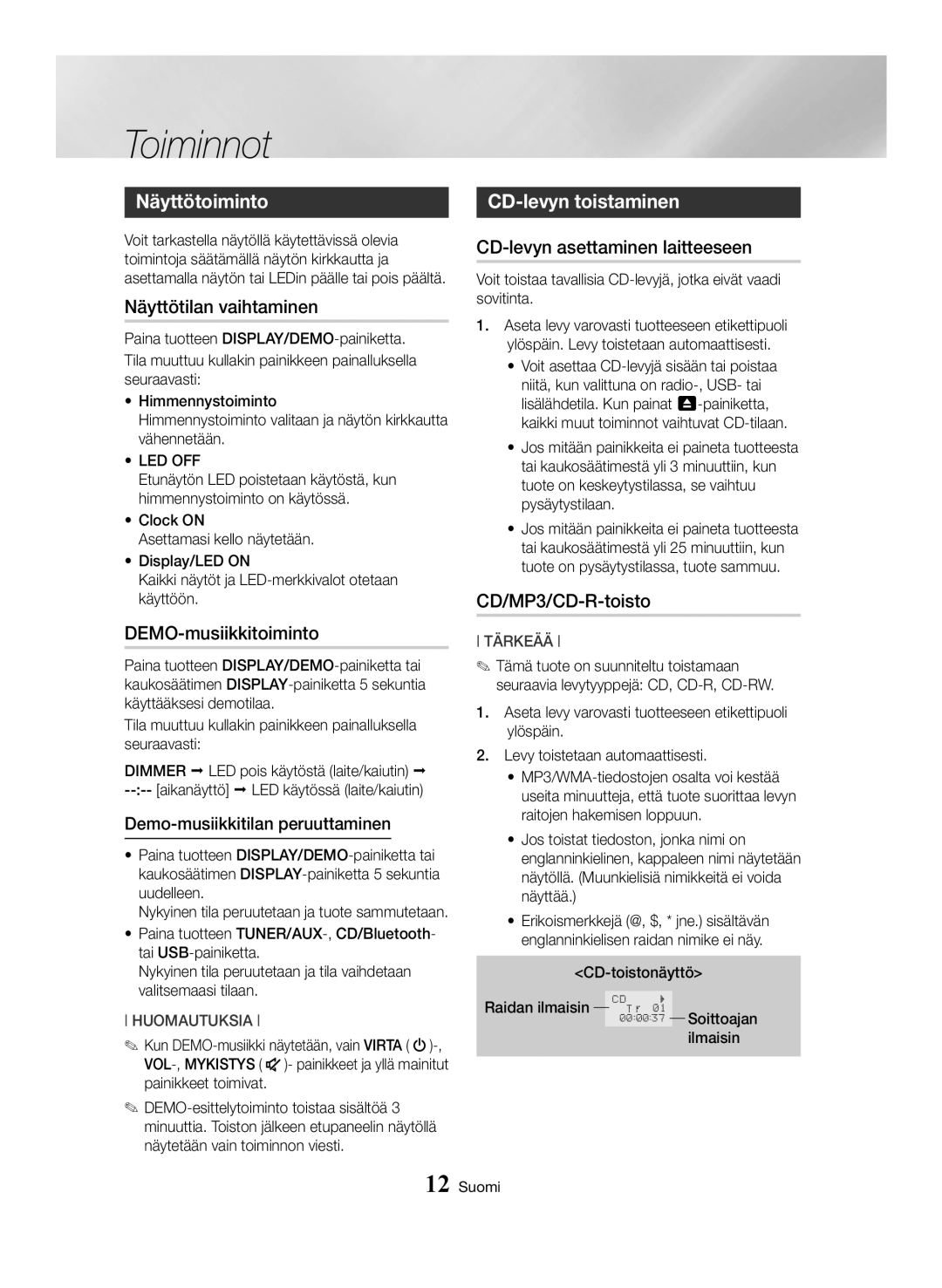 Samsung MX-HS8000/EN, MX-HS8000/ZF manual Toiminnot, Näyttötoiminto, CD-levyn toistaminen 