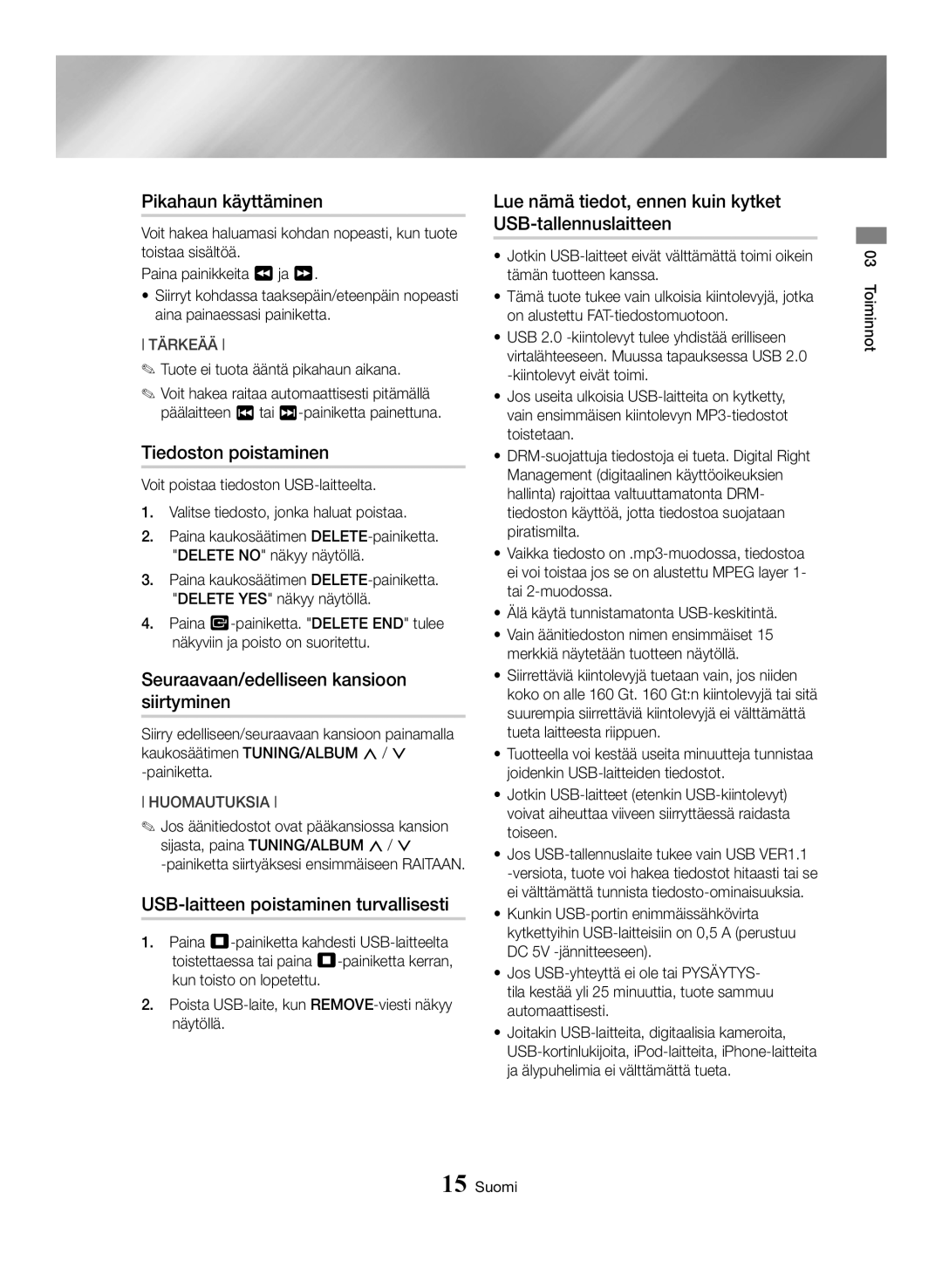 Samsung MX-HS8000/ZF, MX-HS8000/EN Pikahaun käyttäminen, Tiedoston poistaminen, Seuraavaan/edelliseen kansioon siirtyminen 