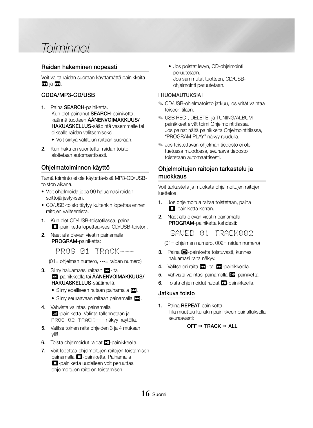 Samsung MX-HS8000/EN Raidan hakeminen nopeasti, Ohjelmatoiminnon käyttö, Ohjelmoitujen raitojen tarkastelu ja muokkaus 