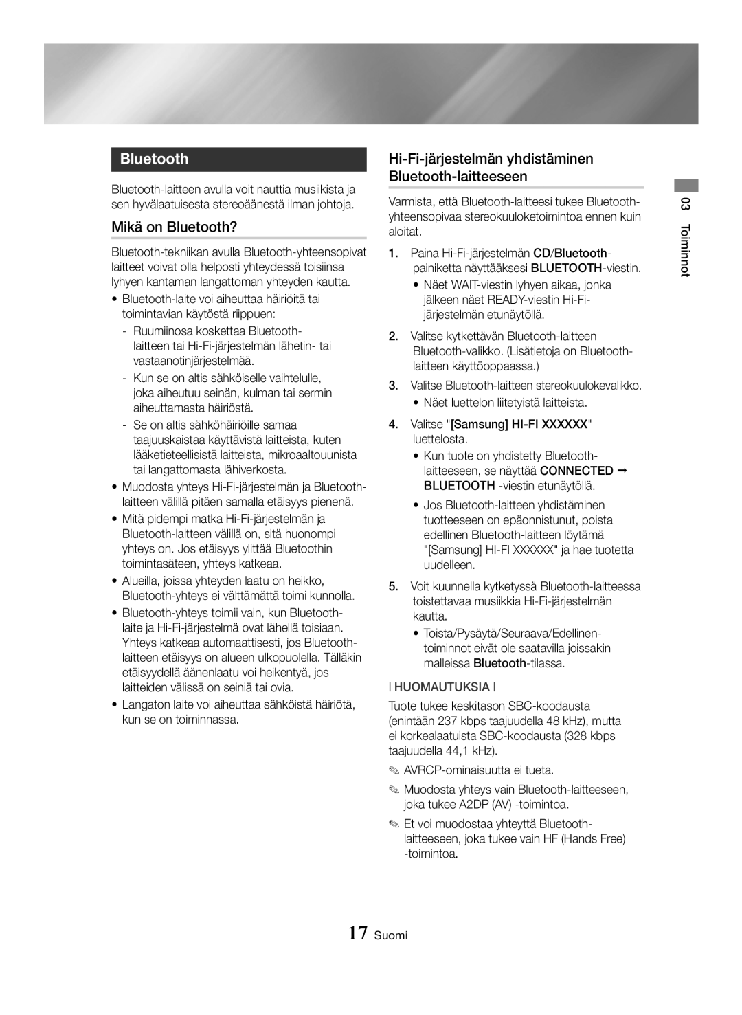 Samsung MX-HS8000/ZF, MX-HS8000/EN manual Mikä on Bluetooth?, Hi-Fi-järjestelmän yhdistäminen Bluetooth-laitteeseen 