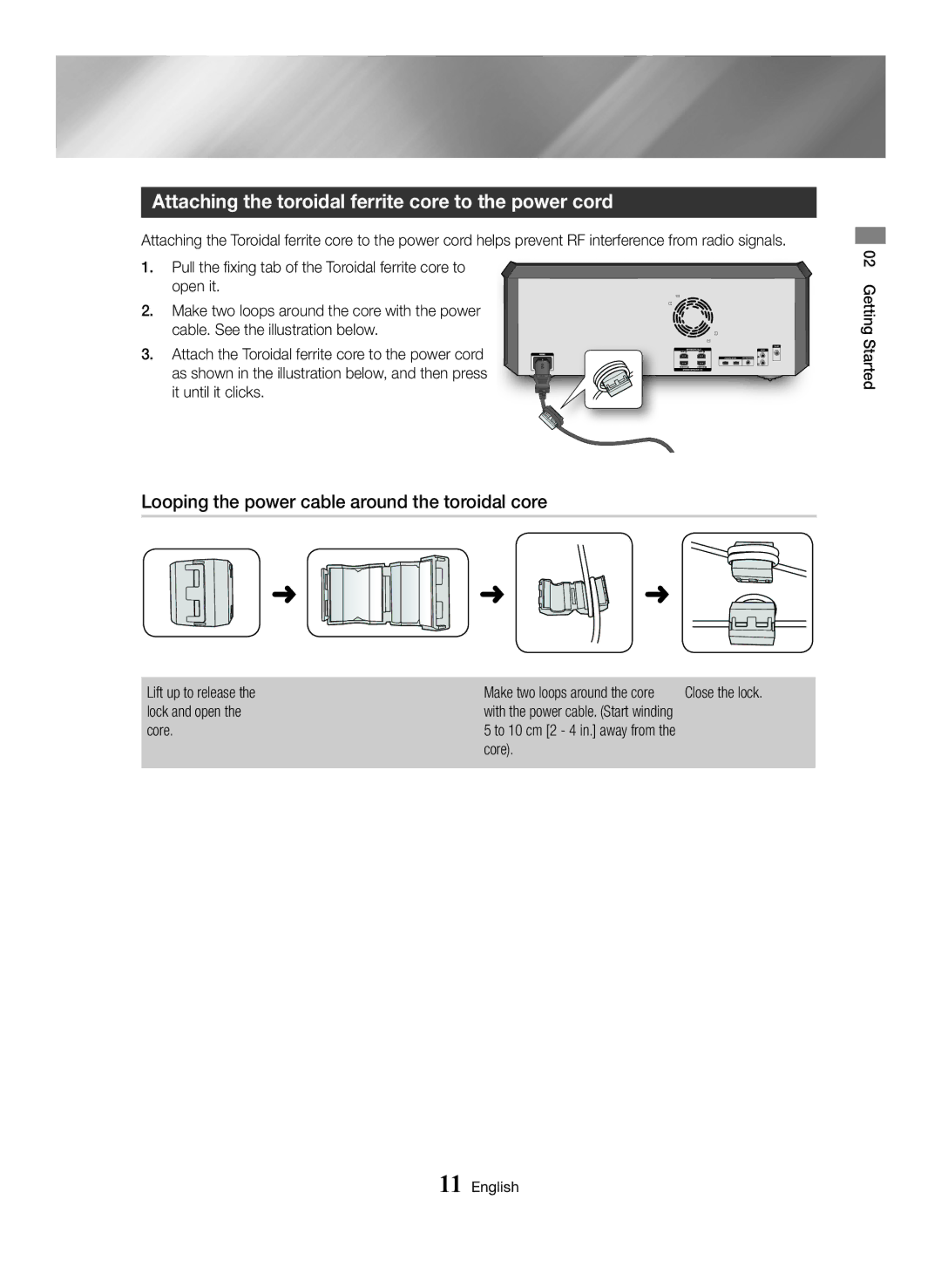 Samsung MX-HS8000/ZF manual Attaching the toroidal ferrite core to the power cord, Lift up to release, Lock and open, Core 