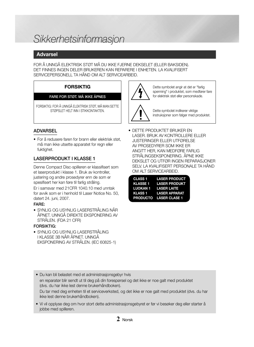 Samsung MX-HS8000/EN, MX-HS8000/ZF manual Sikkerhetsinformasjon, Forsiktig 