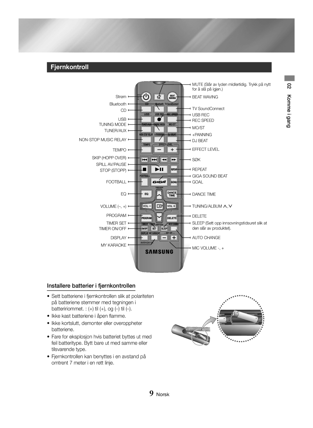 Samsung MX-HS8000/ZF, MX-HS8000/EN manual Fjernkontroll, Installere batterier i fjernkontrollen 