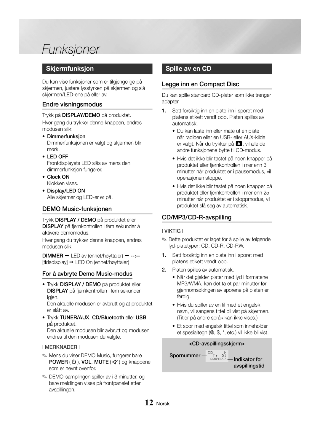 Samsung MX-HS8000/EN, MX-HS8000/ZF manual Funksjoner, Skjermfunksjon, Spille av en CD 