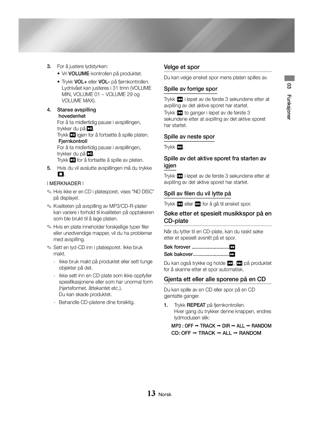 Samsung MX-HS8000/ZF, MX-HS8000/EN manual Velge et spor, Søke etter et spesielt musikkspor på en CD-plate 