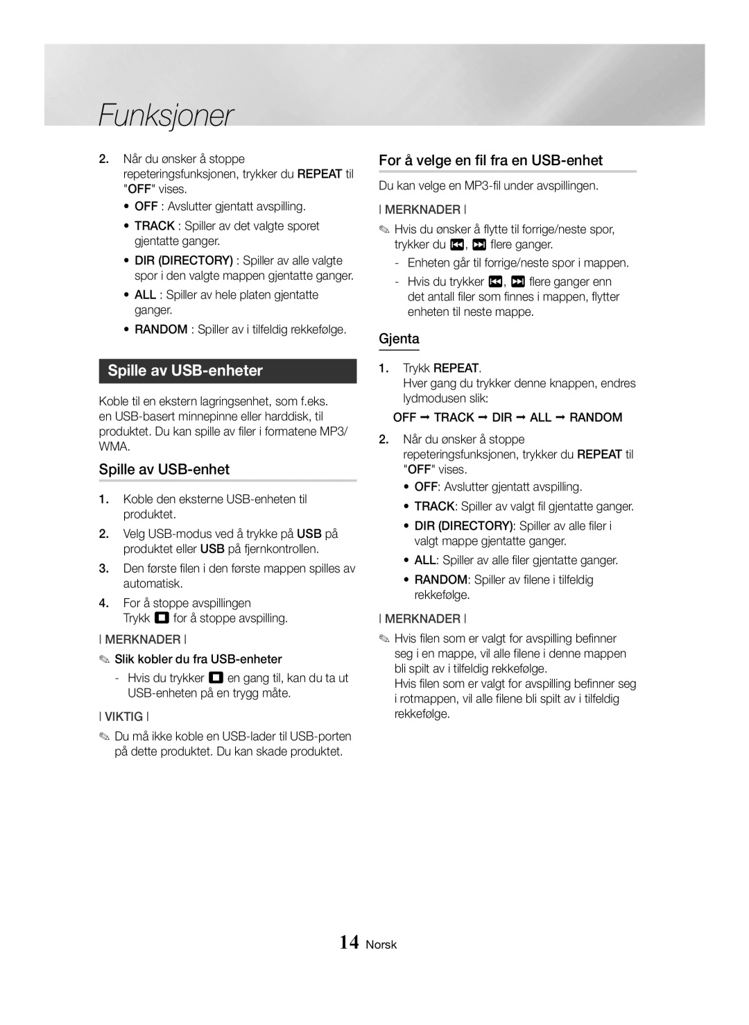 Samsung MX-HS8000/EN, MX-HS8000/ZF manual Spille av USB-enheter, For å velge en fil fra en USB-enhet, Gjenta 