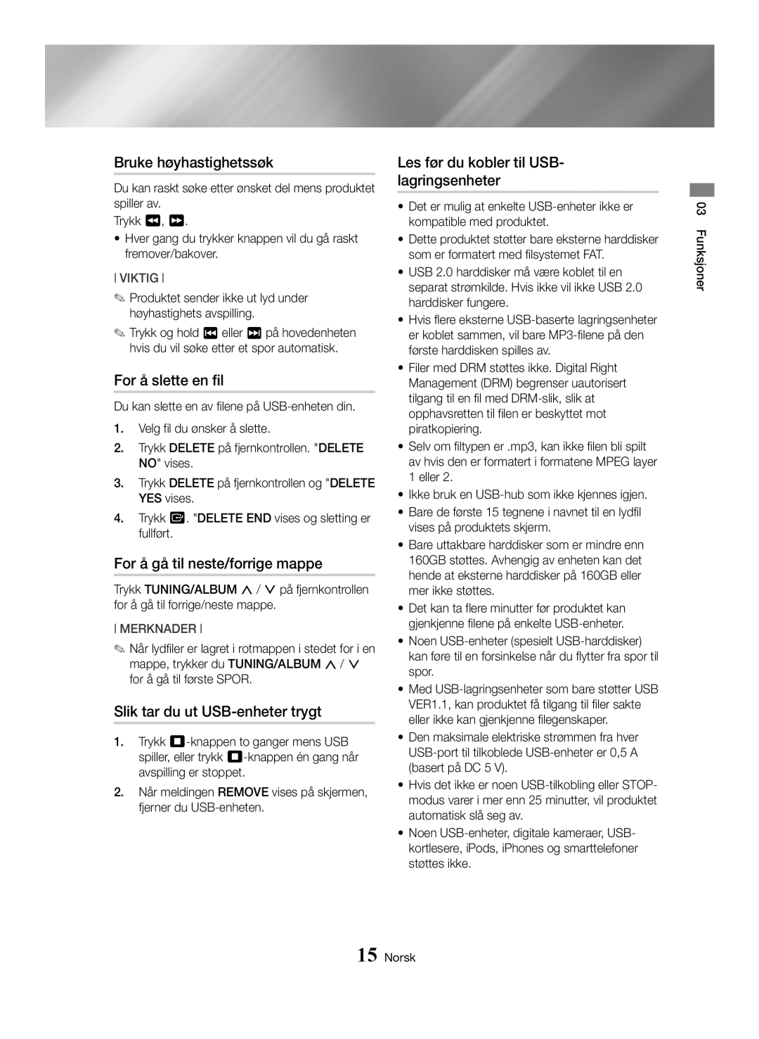 Samsung MX-HS8000/ZF, MX-HS8000/EN manual Bruke høyhastighetssøk, For å slette en fil, For å gå til neste/forrige mappe 