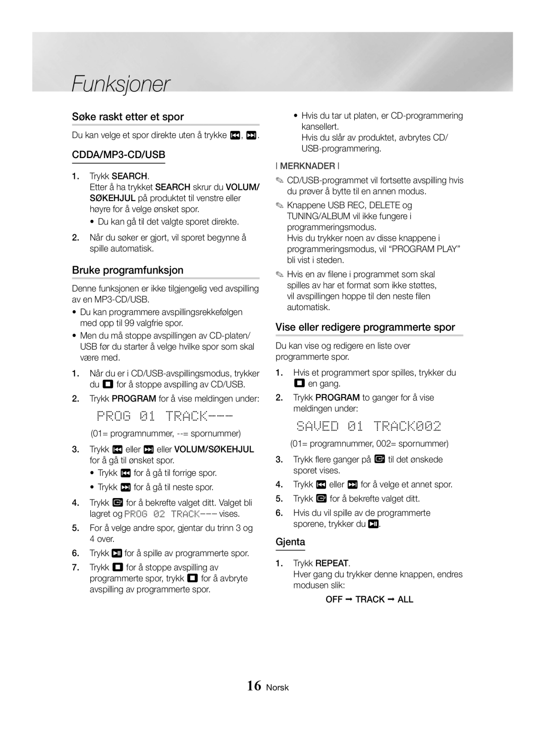 Samsung MX-HS8000/EN, MX-HS8000/ZF Søke raskt etter et spor, Bruke programfunksjon, Vise eller redigere programmerte spor 