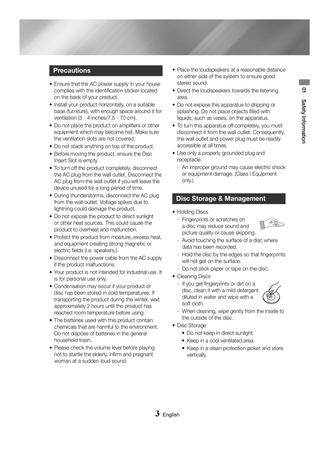 Samsung MX-HS8000/ZF, MX-HS8000/EN manual Precautions, Disc Storage & Management, Holding Discs Fingerprints or scratches on 