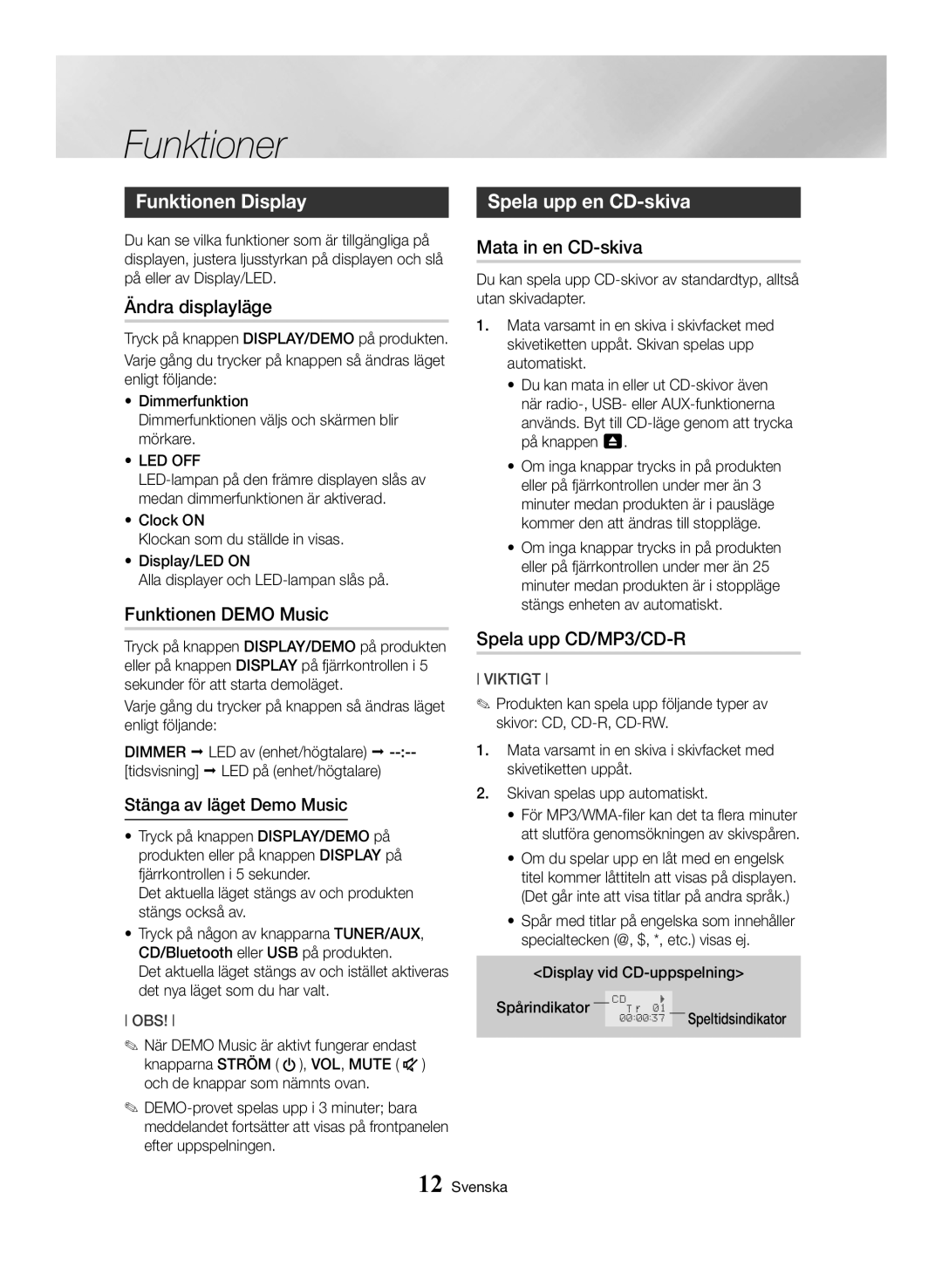 Samsung MX-HS8000/EN, MX-HS8000/ZF manual Funktioner, Funktionen Display, Spela upp en CD-skiva 