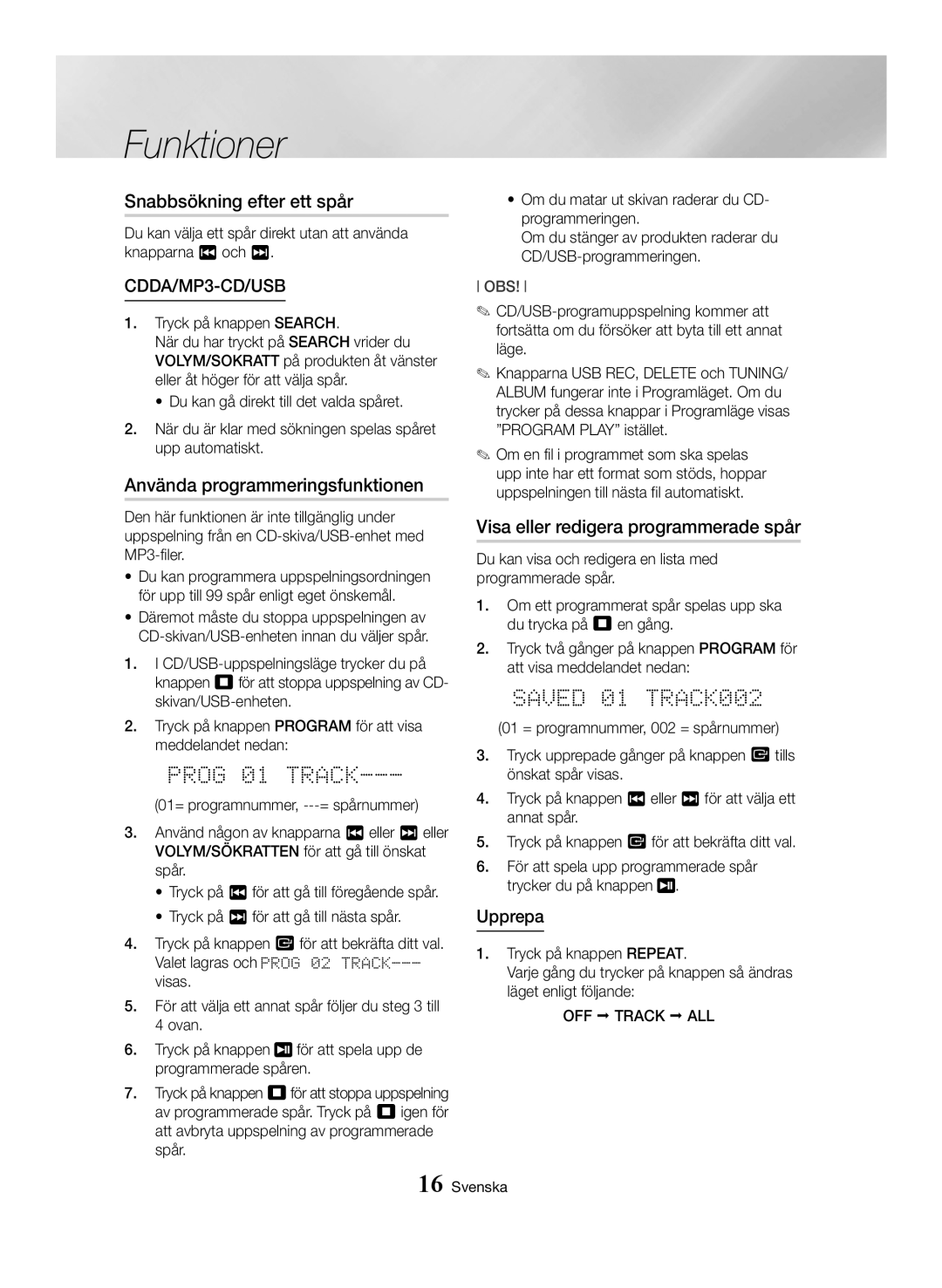 Samsung MX-HS8000/EN Snabbsökning efter ett spår, Använda programmeringsfunktionen, Visa eller redigera programmerade spår 