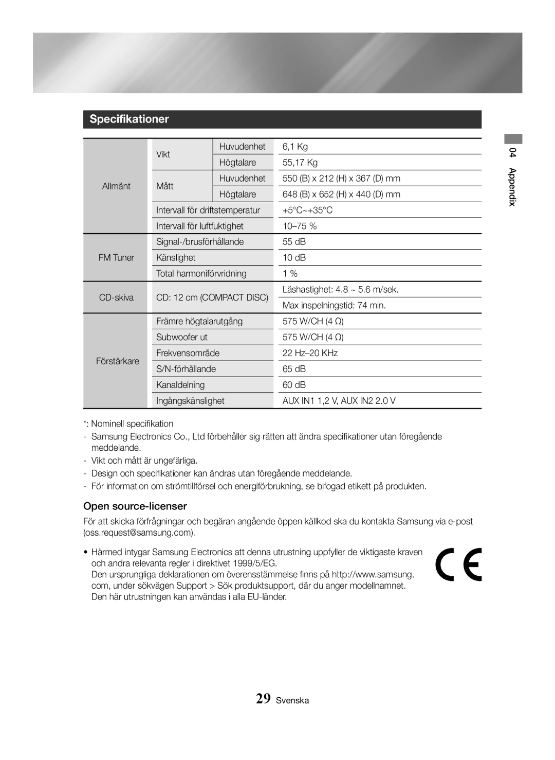 Samsung MX-HS8000/ZF, MX-HS8000/EN manual Specifikationer, Open source-licenser 