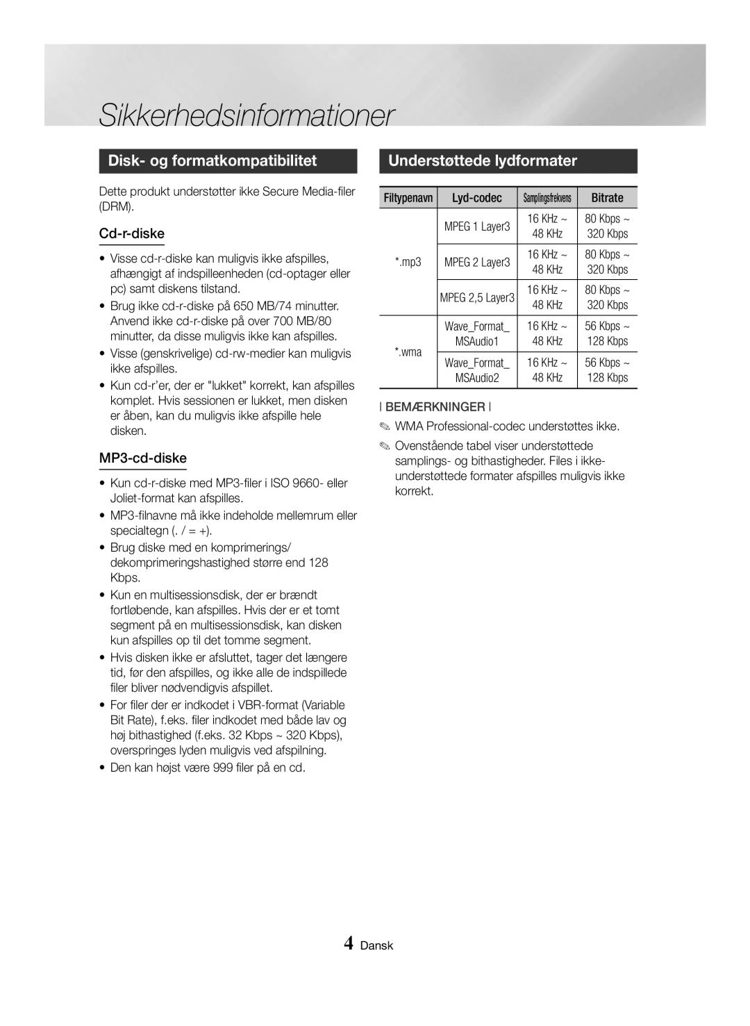 Samsung MX-HS8000/EN, MX-HS8000/ZF manual Disk- og formatkompatibilitet, Understøttede lydformater, Cd-r-diske, MP3-cd-diske 