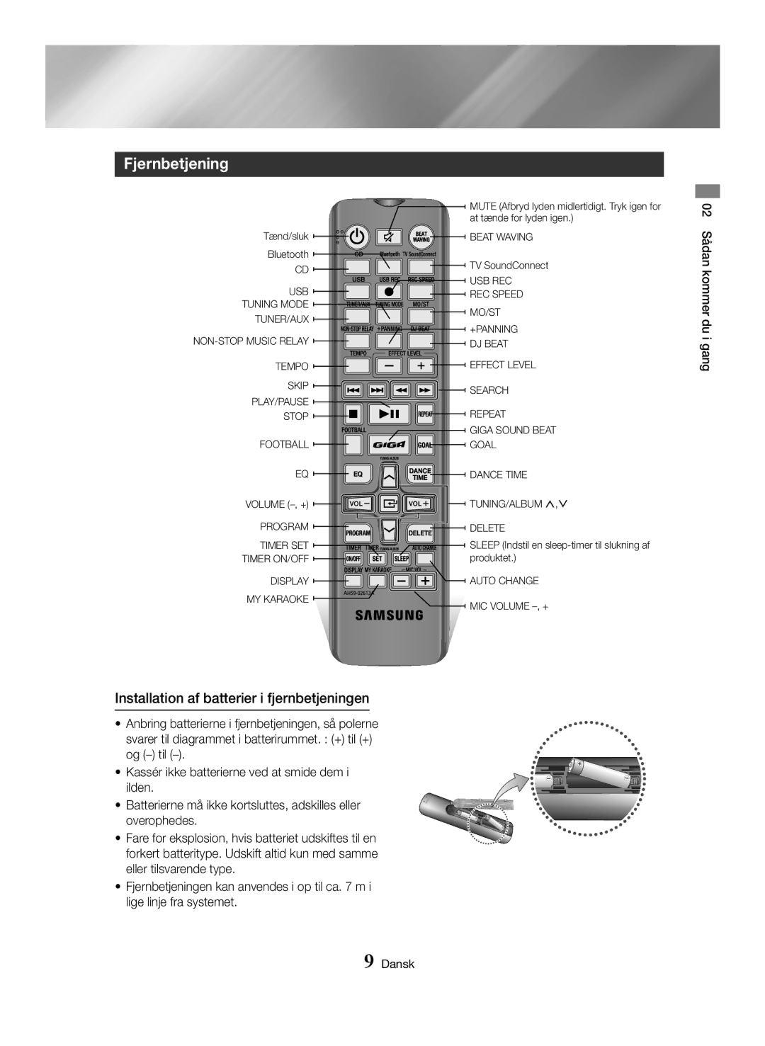 Samsung MX-HS8000/ZF, MX-HS8000/EN manual Fjernbetjening, Installation af batterier i fjernbetjeningen 