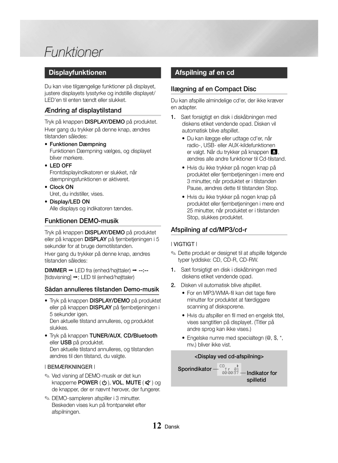 Samsung MX-HS8000/EN, MX-HS8000/ZF manual Displayfunktionen, Afspilning af en cd 