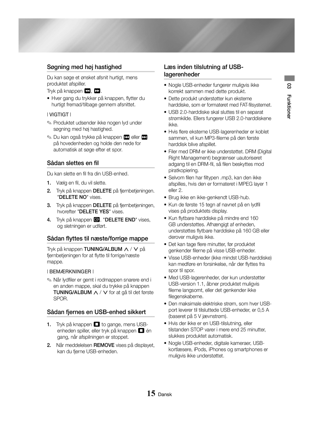 Samsung MX-HS8000/ZF, MX-HS8000/EN Søgning med høj hastighed, Sådan slettes en fil, Sådan flyttes til næste/forrige mappe 