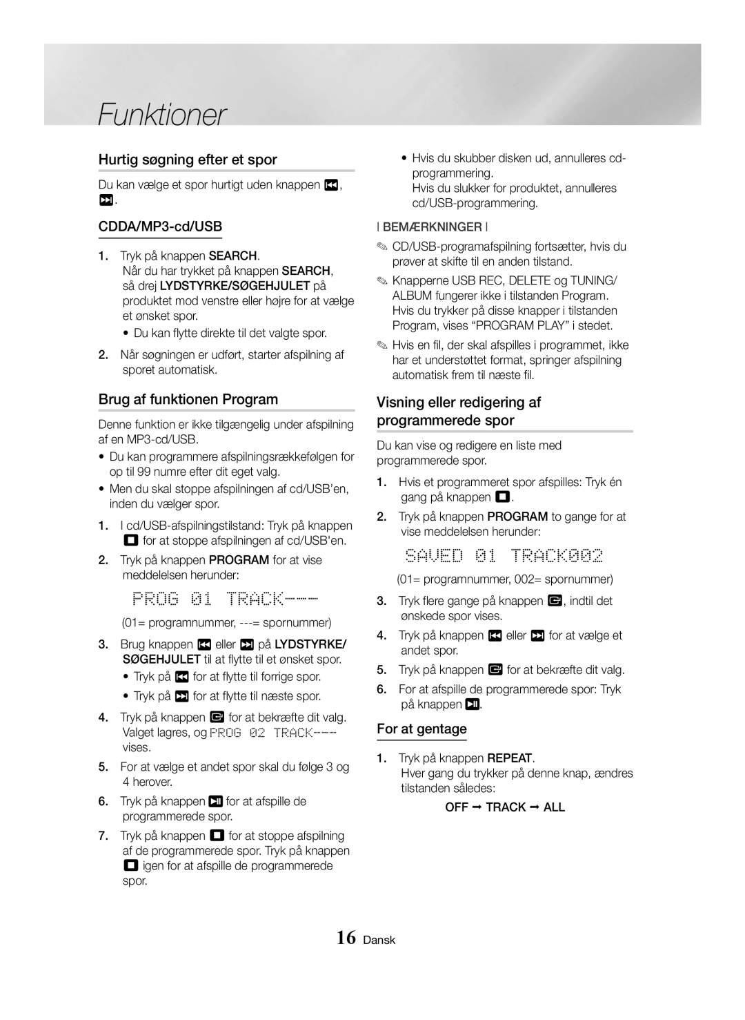 Samsung MX-HS8000/EN, MX-HS8000/ZF manual Hurtig søgning efter et spor, Brug af funktionen Program, CDDA/MP3-cd/USB 