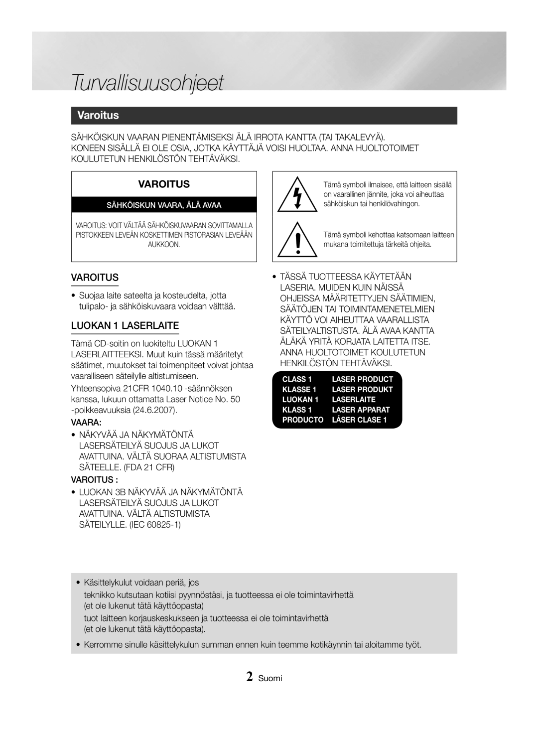 Samsung MX-HS8000/EN, MX-HS8000/ZF manual Turvallisuusohjeet, Varoitus 