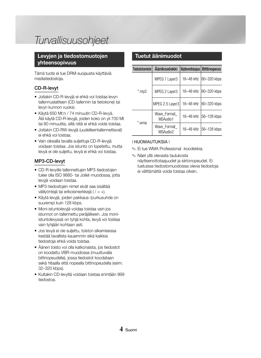 Samsung MX-HS8000/EN, MX-HS8000/ZF manual Tuetut äänimuodot, CD-R-levyt, MP3-CD-levyt 