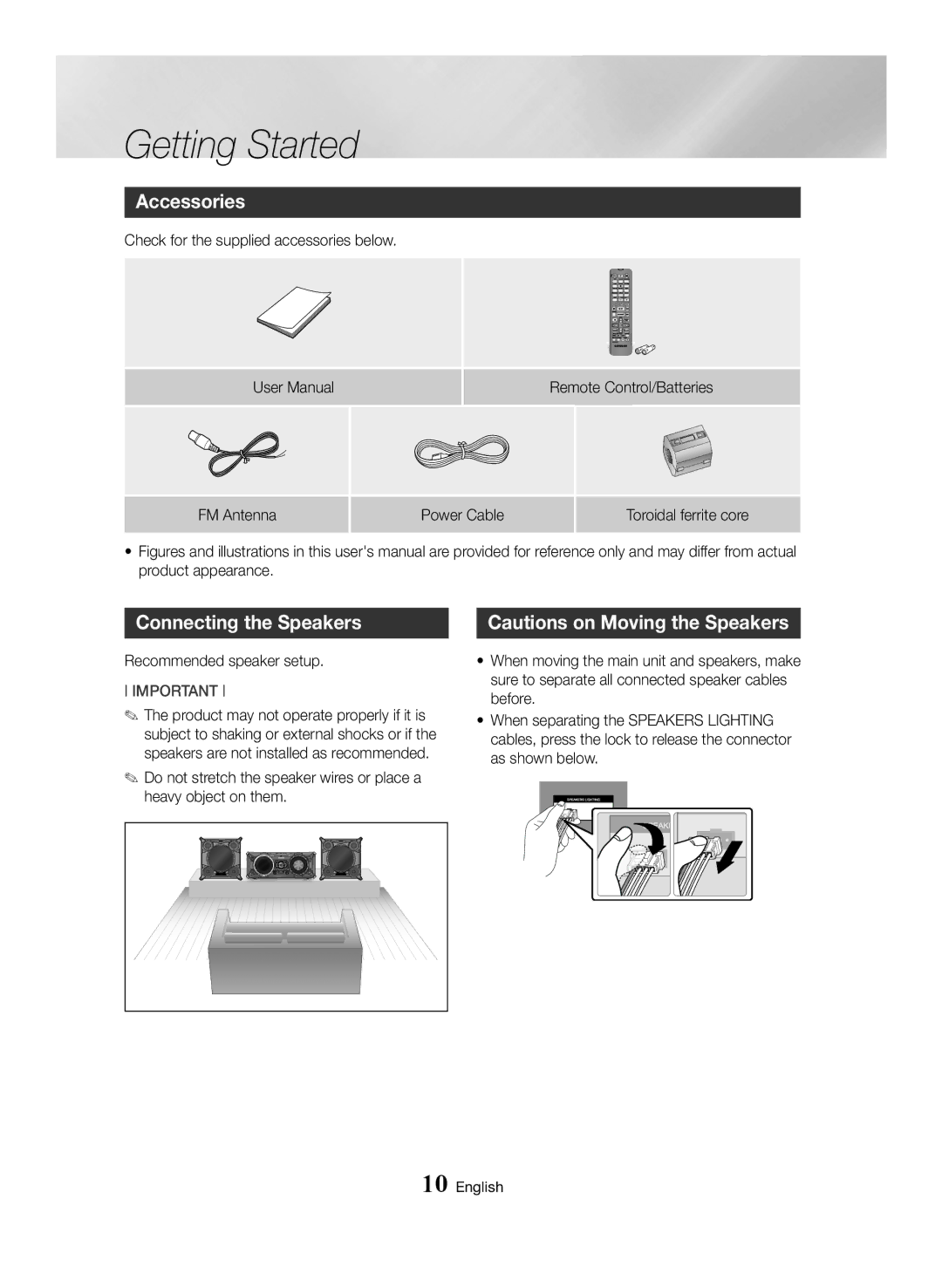 Samsung MX-HS8000/EN, MX-HS8000/ZF manual Accessories, Connecting the Speakers, Recommended speaker setup. Important 