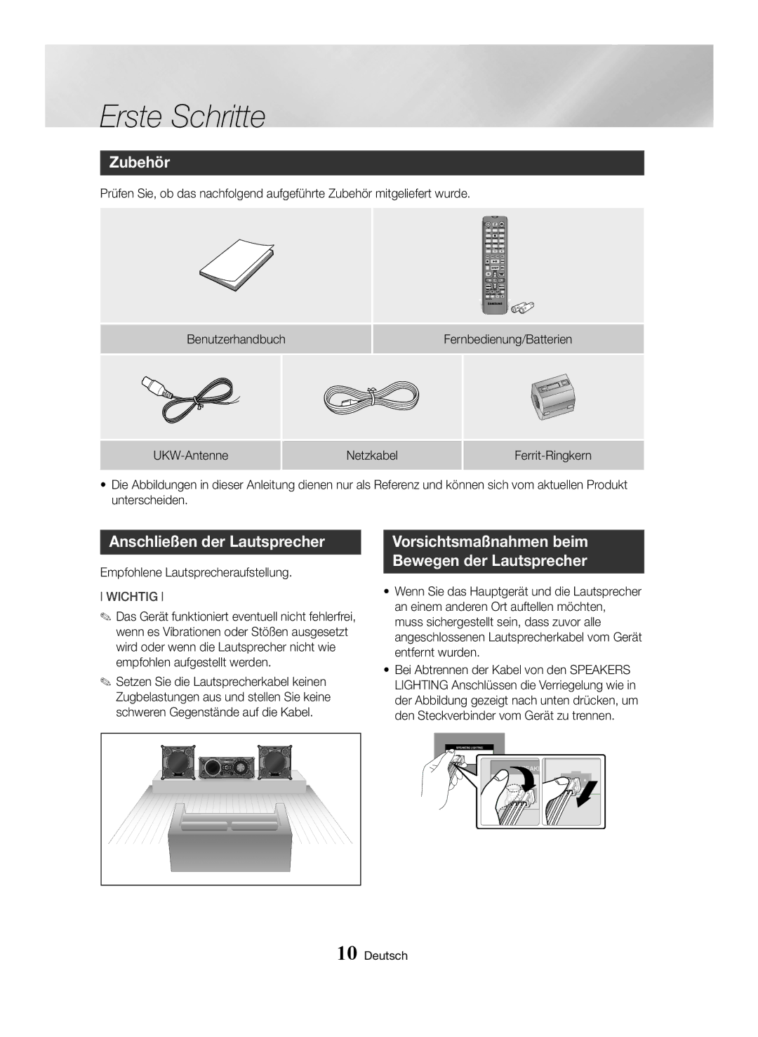 Samsung MX-HS8000/EN, MX-HS8000/ZF manual Zubehör, Anschließen der Lautsprecher 