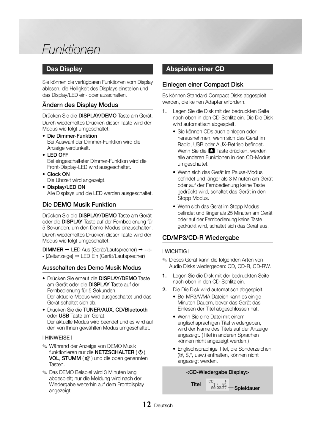 Samsung MX-HS8000/EN, MX-HS8000/ZF manual Funktionen, Das Display, Abspielen einer CD 