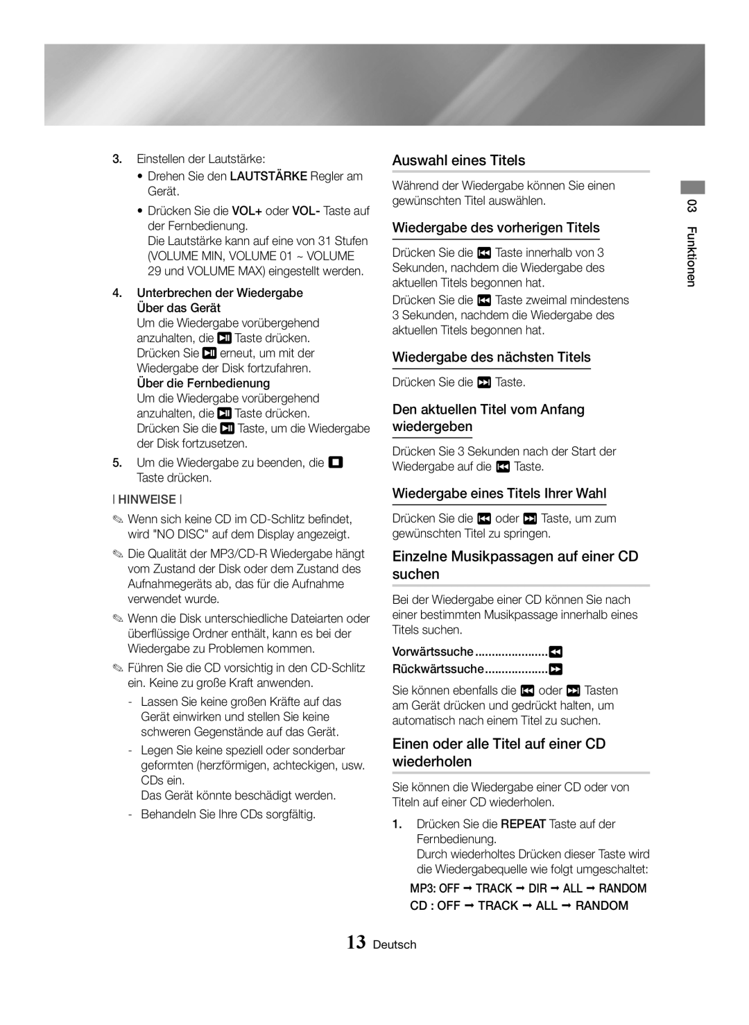 Samsung MX-HS8000/ZF, MX-HS8000/EN manual Auswahl eines Titels, Einzelne Musikpassagen auf einer CD suchen 