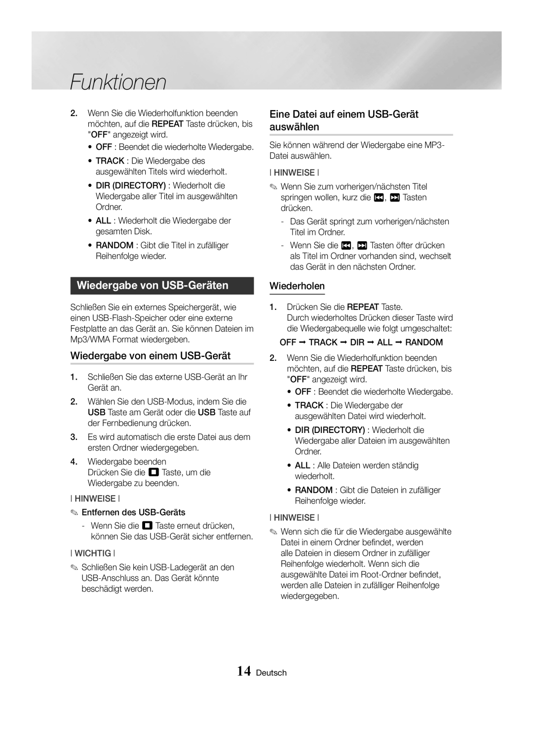 Samsung MX-HS8000/EN Wiedergabe von USB-Geräten, Wiedergabe von einem USB-Gerät, Eine Datei auf einem USB-Gerät auswählen 