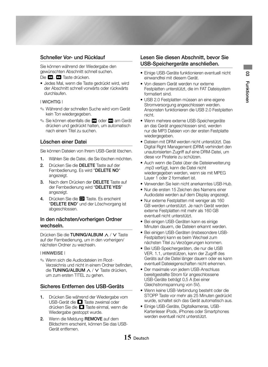 Samsung MX-HS8000/ZF manual Schneller Vor- und Rücklauf, Löschen einer Datei, Den nächsten/vorherigen Ordner wechseln 