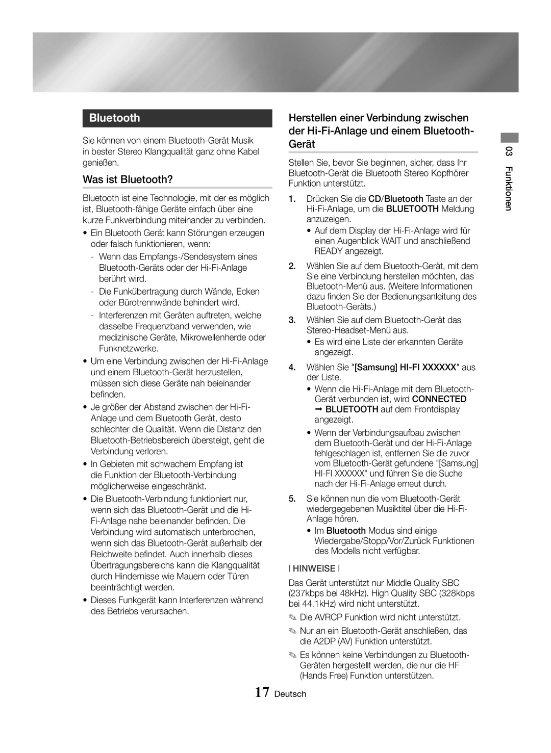 Samsung MX-HS8000/ZF, MX-HS8000/EN manual Was ist Bluetooth?, Die A2DP AV Funktion unterstützt 