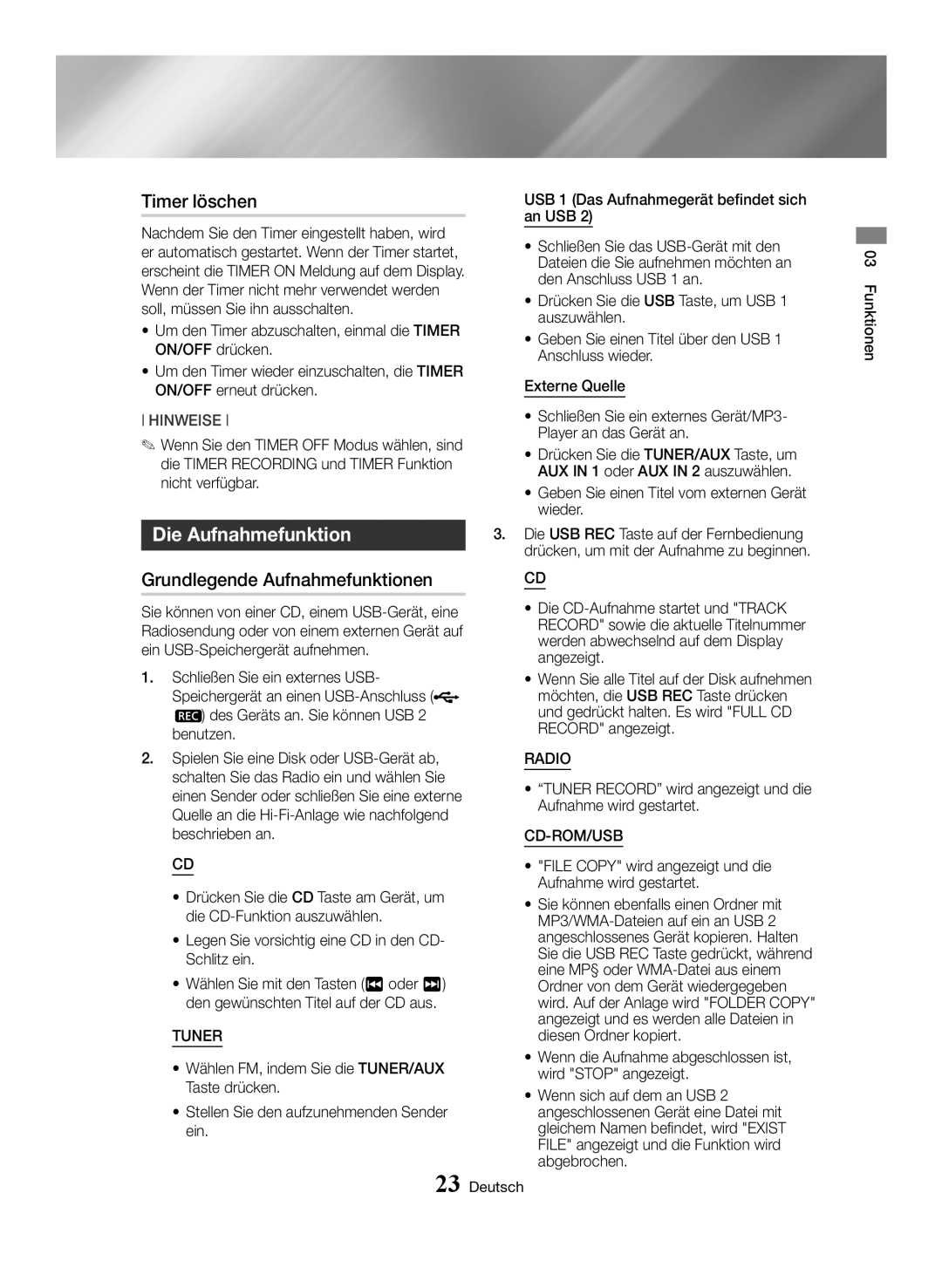 Samsung MX-HS8000/ZF, MX-HS8000/EN manual Timer löschen, Die Aufnahmefunktion, Grundlegende Aufnahmefunktionen 