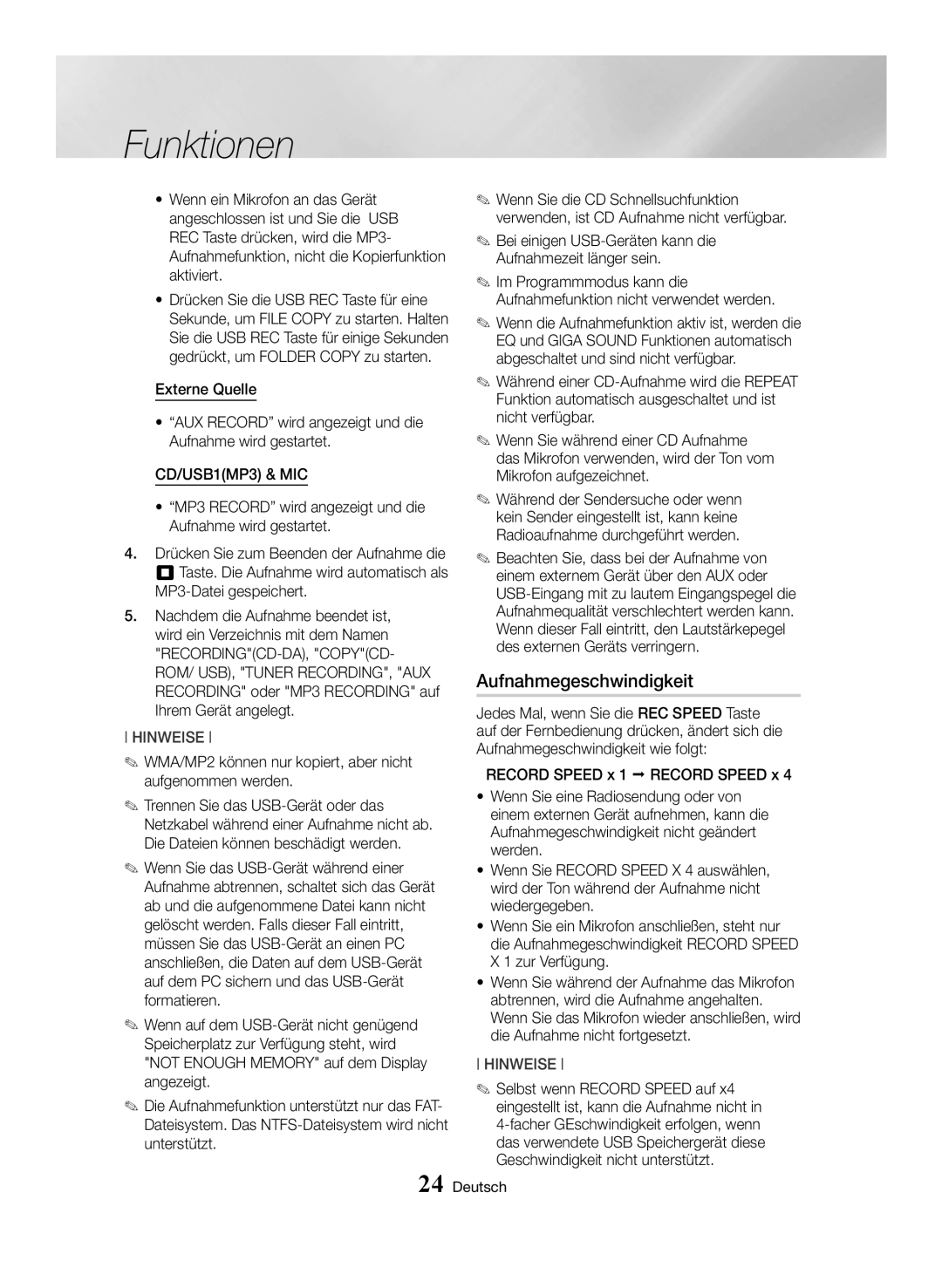 Samsung MX-HS8000/EN, MX-HS8000/ZF manual Aufnahmegeschwindigkeit, WMA/MP2 können nur kopiert, aber nicht aufgenommen werden 