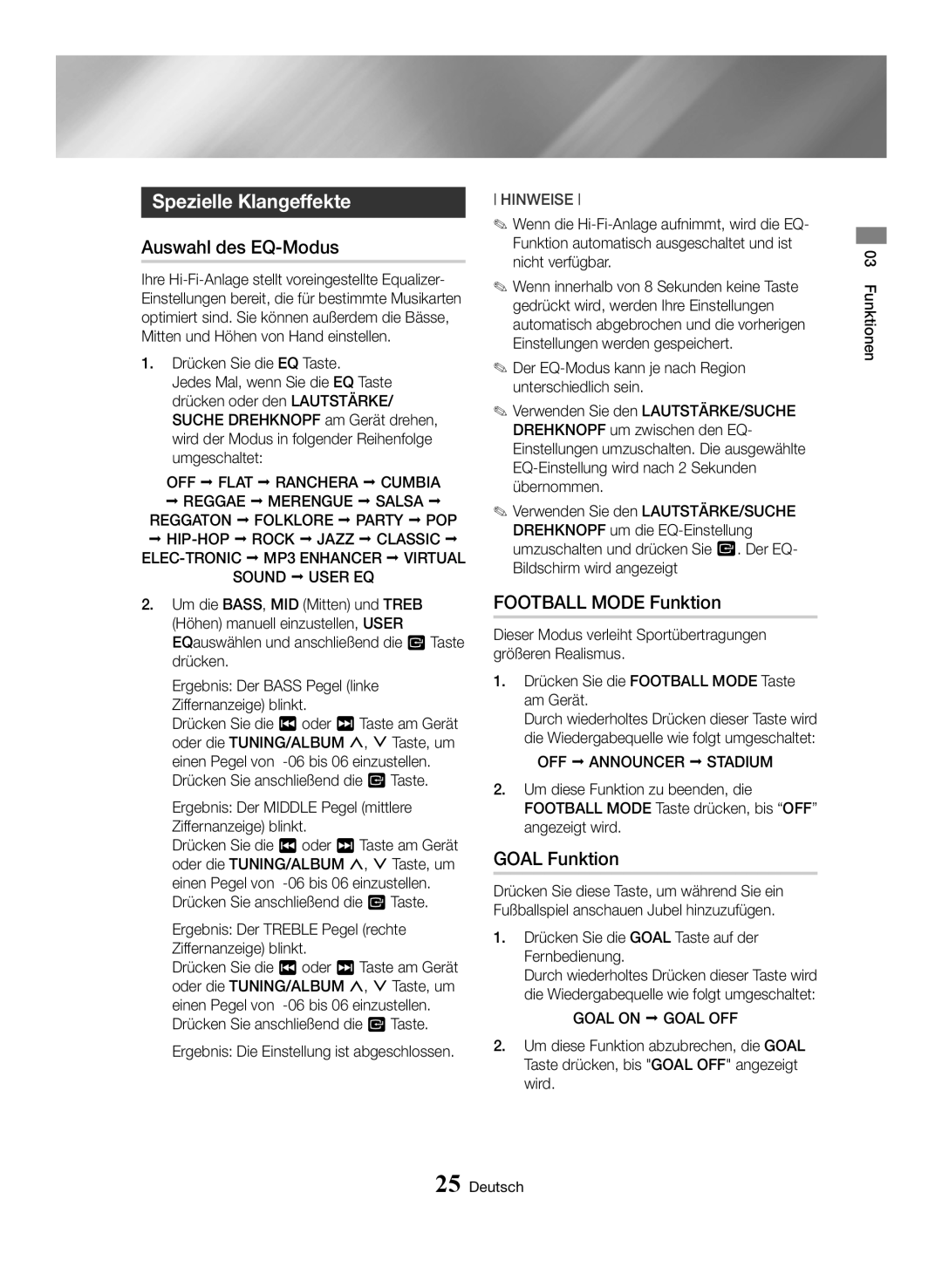 Samsung MX-HS8000/ZF, MX-HS8000/EN Spezielle Klangeffekte, Auswahl des EQ-Modus, Football Mode Funktion, Goal Funktion 