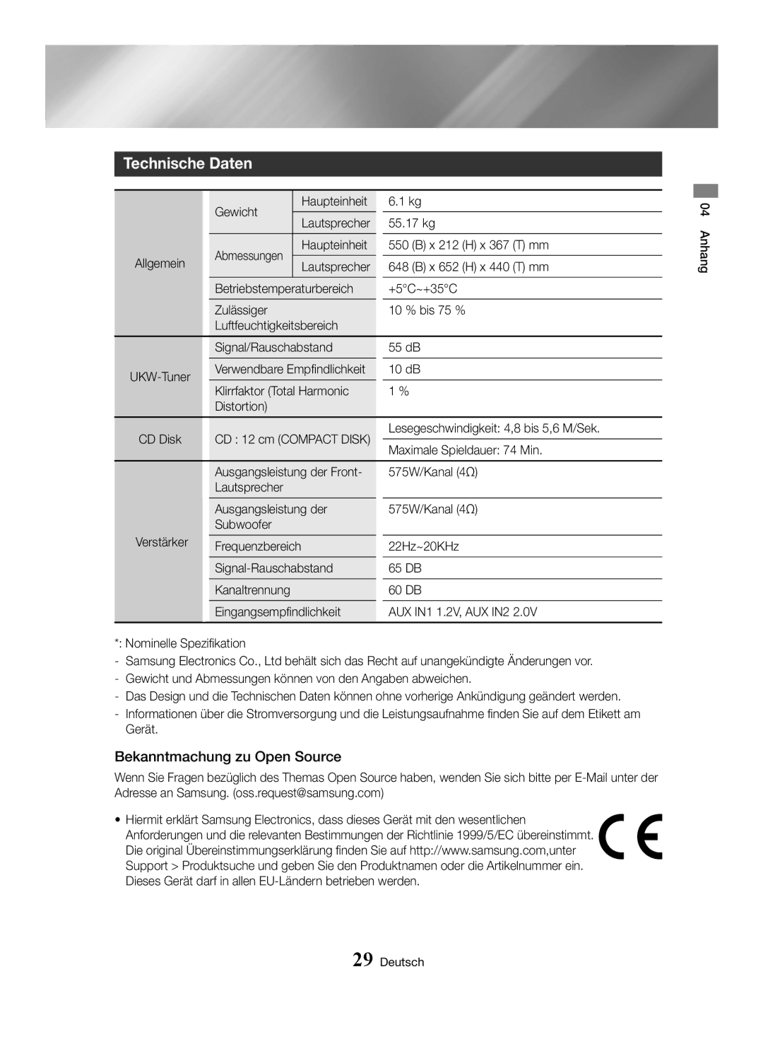 Samsung MX-HS8000/ZF, MX-HS8000/EN manual Technische Daten, Bekanntmachung zu Open Source 