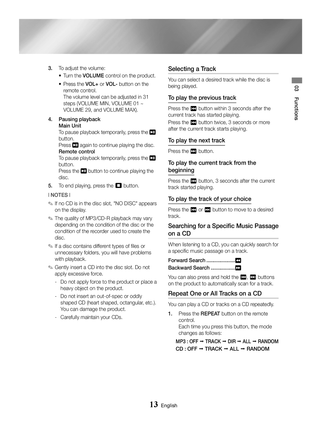 Samsung MX-HS8000/ZF Selecting a Track, Searching for a Specific Music Passage on a CD, Repeat One or All Tracks on a CD 