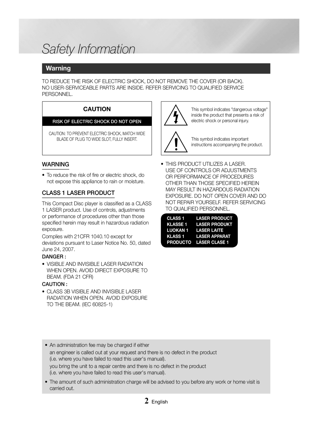 Samsung MX-HS8000/EN, MX-HS8000/ZF manual Safety Information, Risk of Electric Shock do not Open 