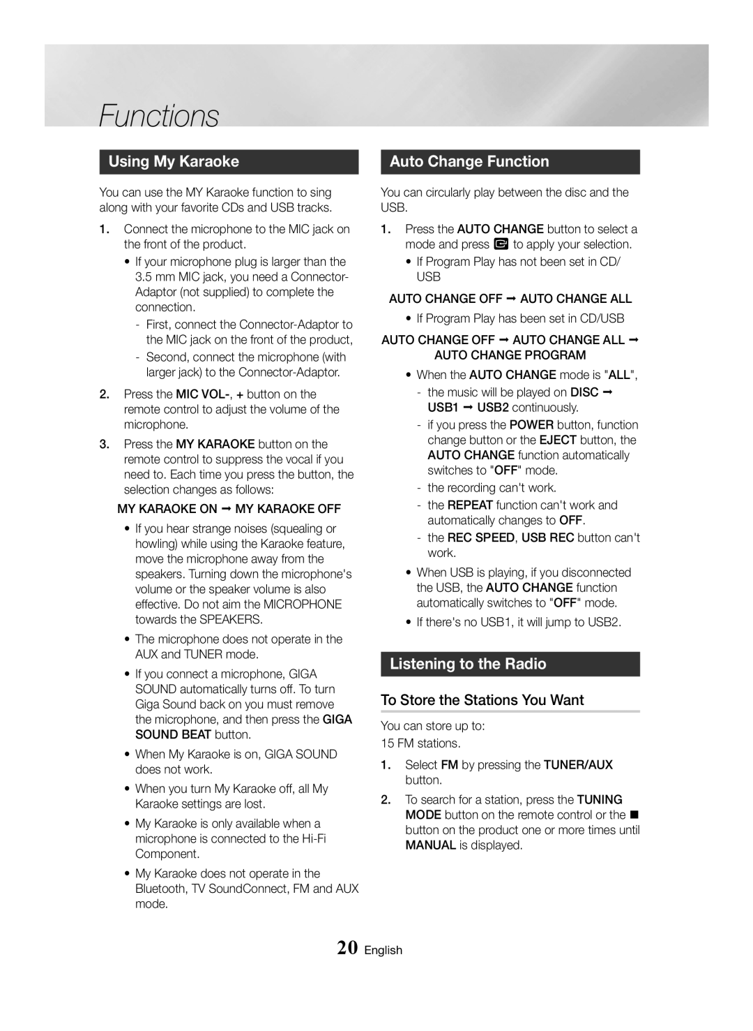 Samsung MX-HS8000/EN manual Using My Karaoke, Auto Change Function, Listening to the Radio, To Store the Stations You Want 