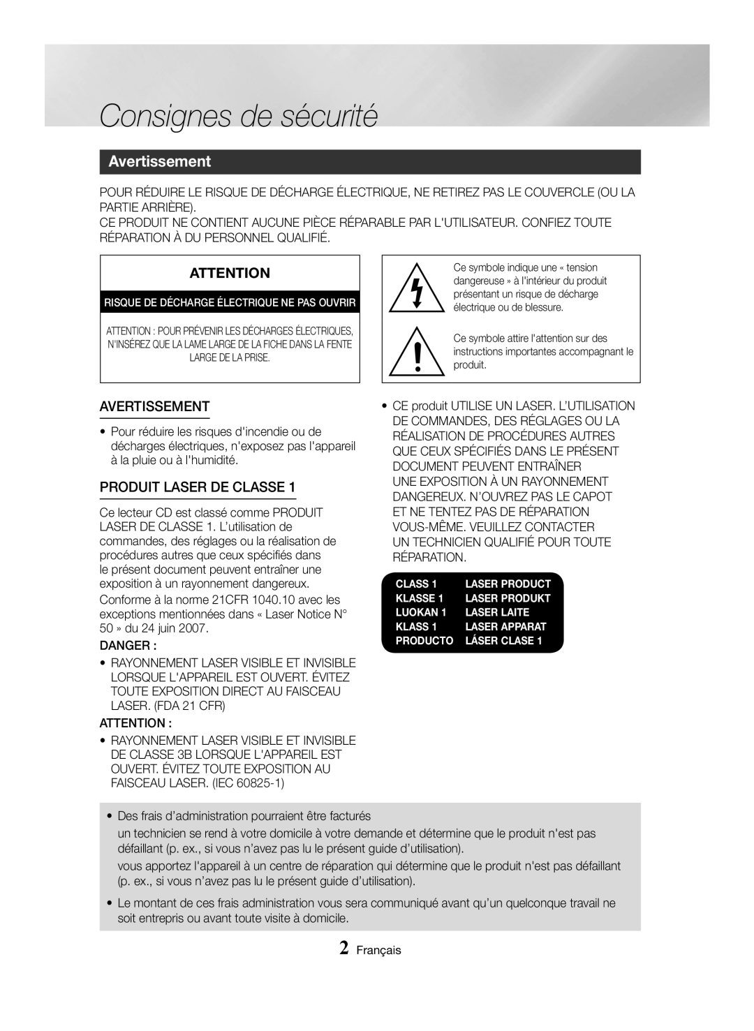 Samsung MX-HS8000/EN, MX-HS8000/ZF manual Consignes de sécurité, Avertissement 