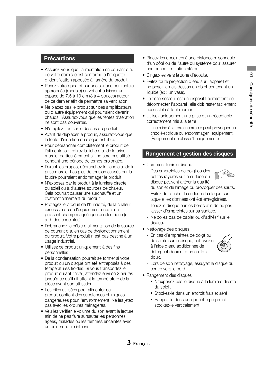 Samsung MX-HS8000/ZF, MX-HS8000/EN manual Précautions, Rangement et gestion des disques 