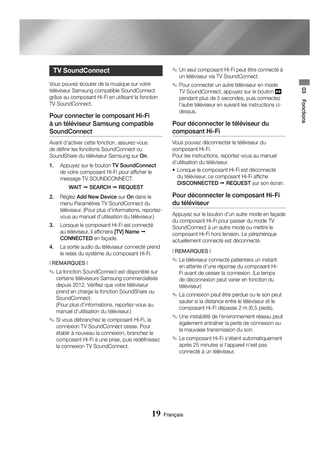 Samsung MX-HS8000/ZF Pour déconnecter le téléviseur du composant Hi-Fi, Pour déconnecter le composant Hi-Fi du téléviseur 