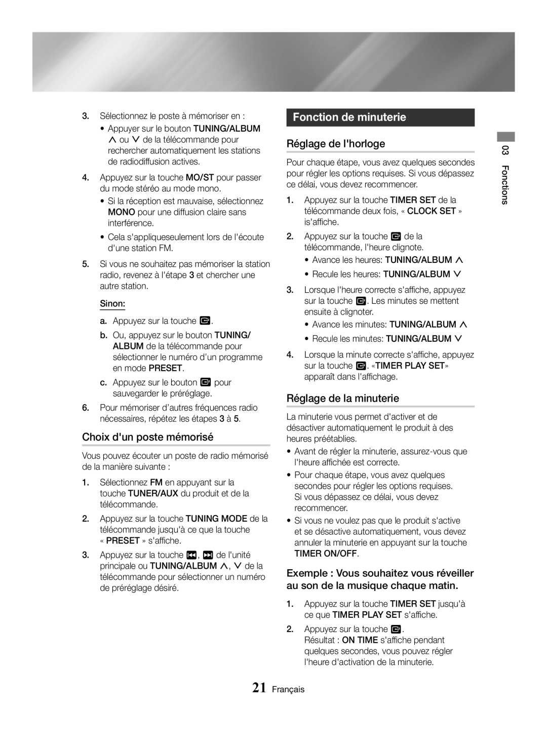 Samsung MX-HS8000/ZF manual Choix dun poste mémorisé, Fonction de minuterie, Réglage de lhorloge, Réglage de la minuterie 