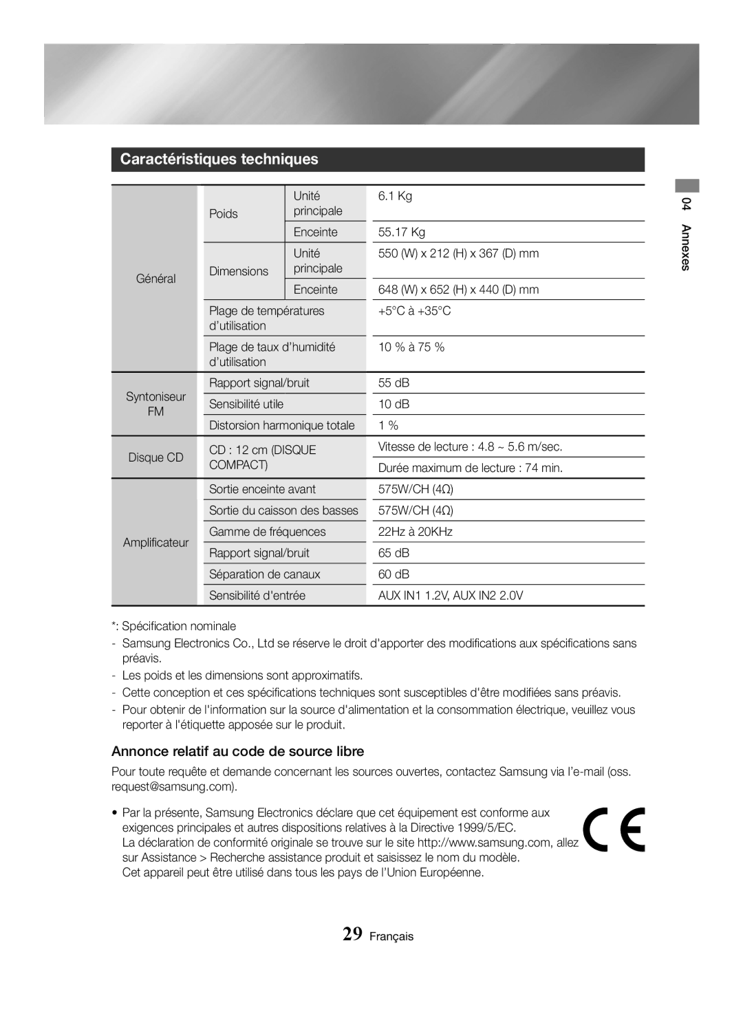 Samsung MX-HS8000/ZF, MX-HS8000/EN manual Caractéristiques techniques, Annonce relatif au code de source libre, Compact 