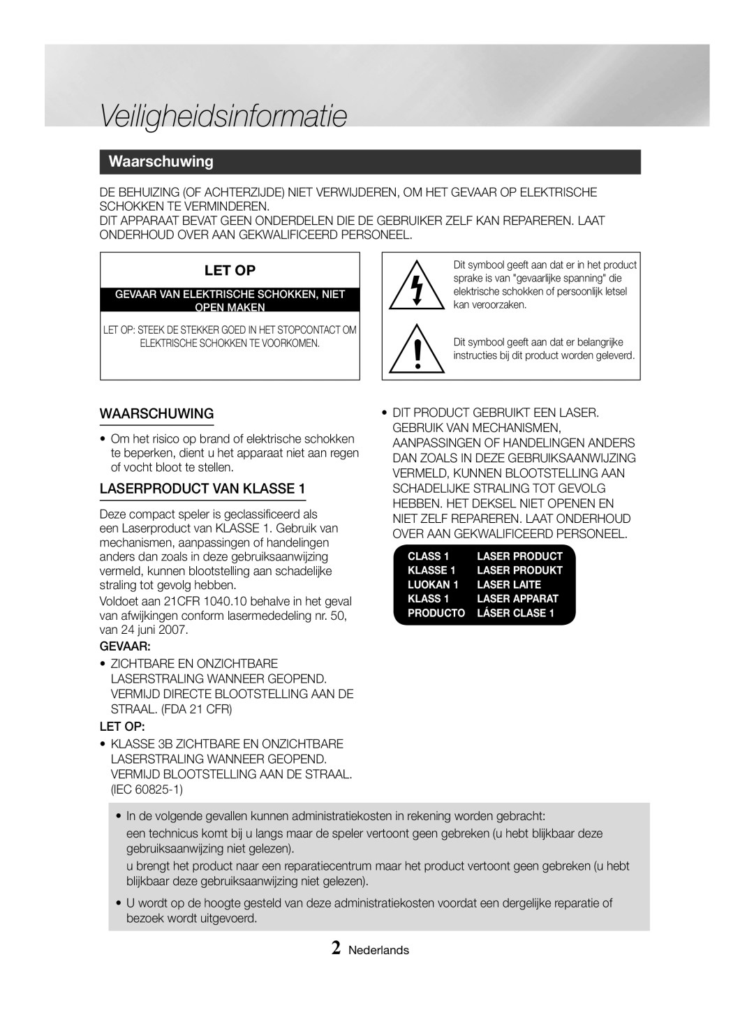 Samsung MX-HS8000/EN, MX-HS8000/ZF manual Veiligheidsinformatie, Waarschuwing 