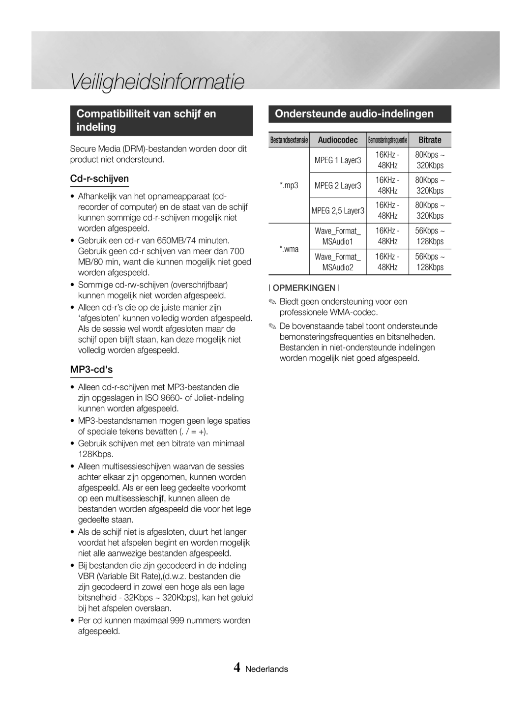 Samsung MX-HS8000/EN manual Compatibiliteit van schijf en indeling, Ondersteunde audio-indelingen, Cd-r-schijven, MP3-cds 