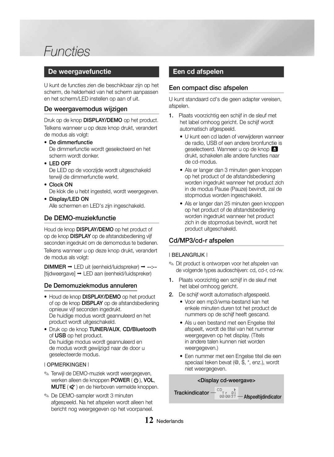 Samsung MX-HS8000/EN, MX-HS8000/ZF manual Functies, De weergavefunctie, Een cd afspelen 