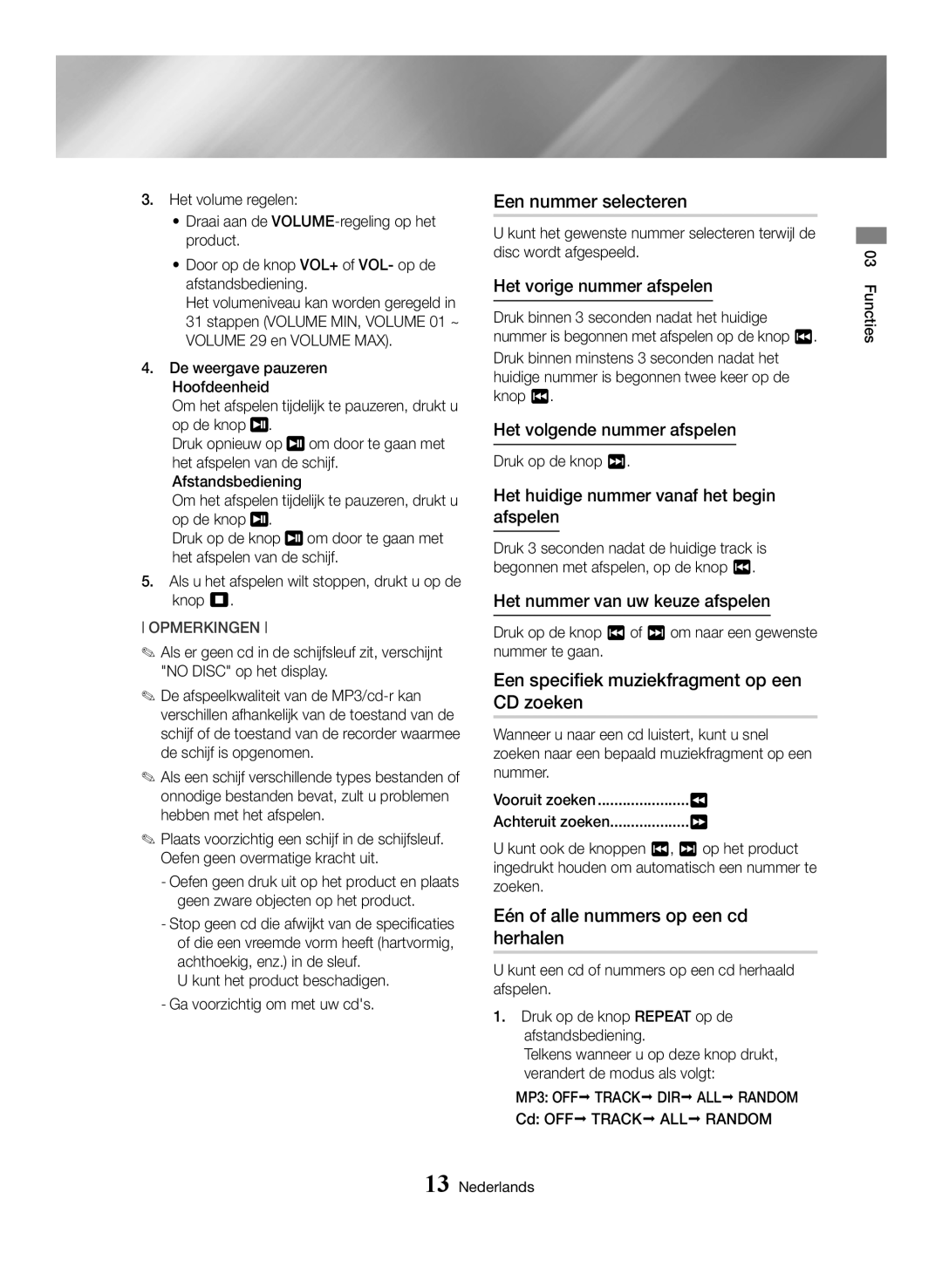 Samsung MX-HS8000/ZF, MX-HS8000/EN manual Een nummer selecteren, Een specifiek muziekfragment op een CD zoeken 