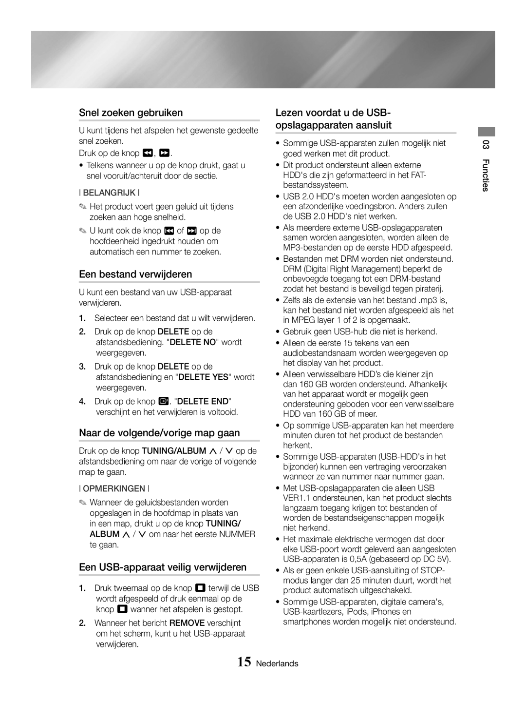 Samsung MX-HS8000/ZF, MX-HS8000/EN manual Snel zoeken gebruiken, Een bestand verwijderen, Naar de volgende/vorige map gaan 